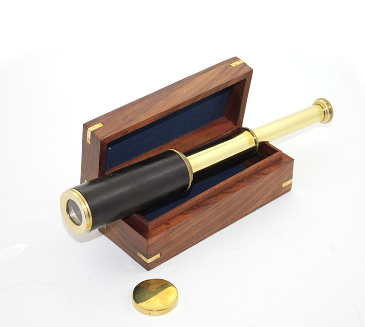 Leather Embroidered Brass Binoculars with Wooden Box 15637