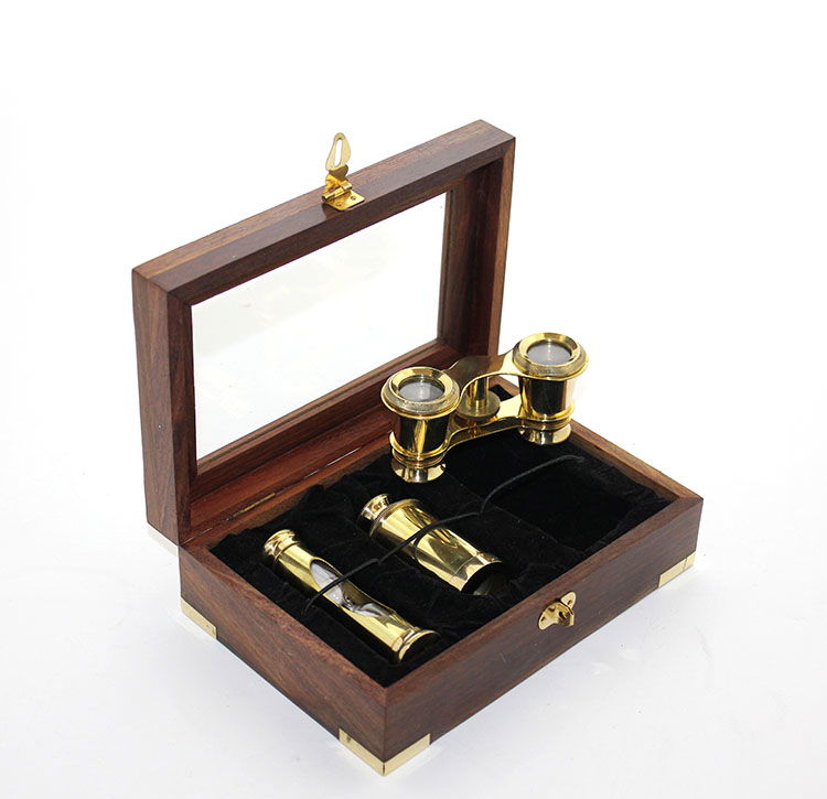 Brass Hourglass and Binoculars Set with Wooden Box 15990