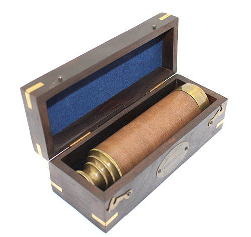 Leather Embroidered Brass Binoculars with Wooden Box 16003A