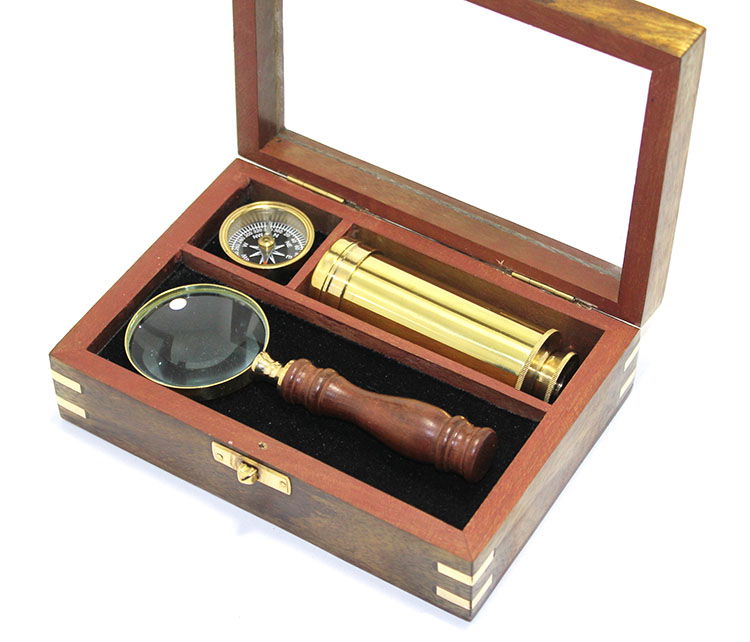 Brass Compass Binoculars And Magnifying Glass Set 15424 with Wooden Box