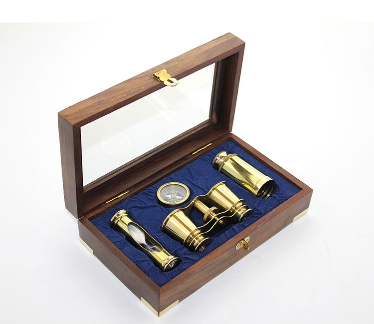 Brass Binoculars Compass and Hourglass Set with Wooden Box 3944